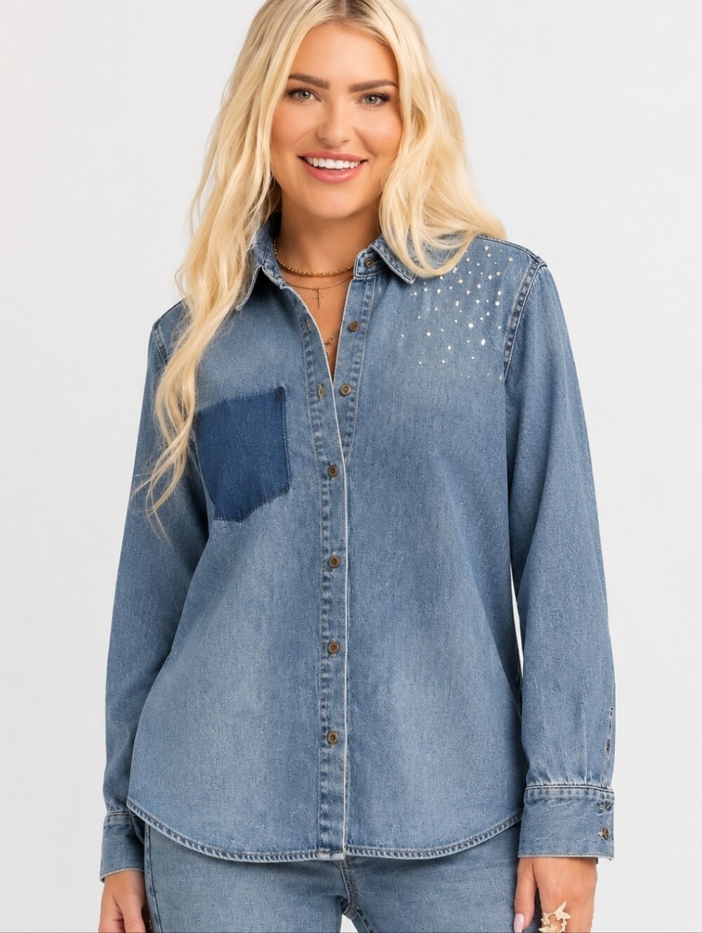 Jessica Simpson Denim Shirt With Sparkle Detail On Shoulder